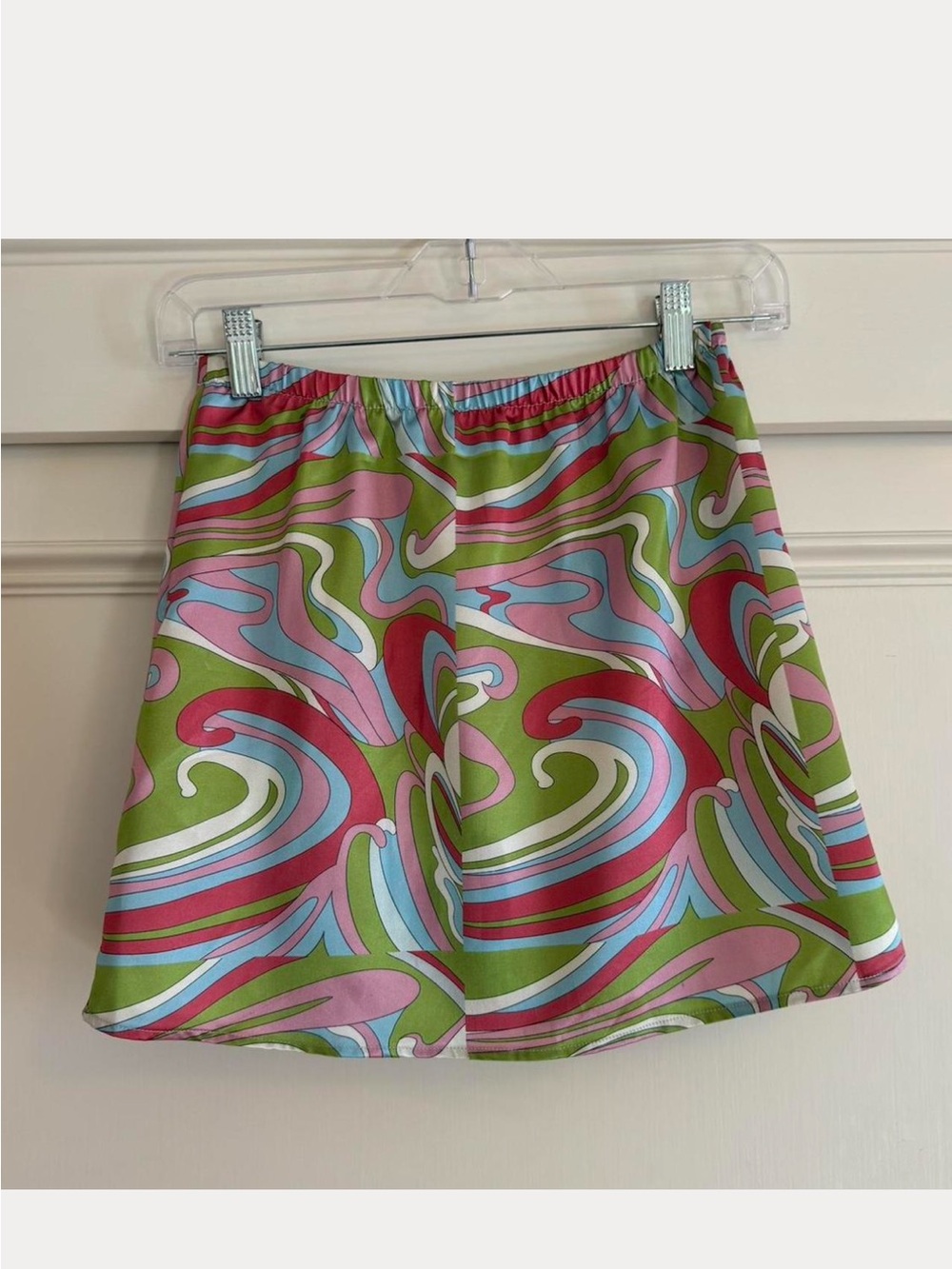 Retro Swirl A-Line Mini Skirt - Pink, Green & Blue